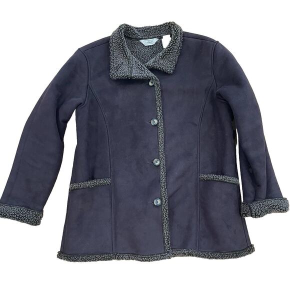 LL Bean Faux Suede Brown Shearling Sherpa Coat Lined Coat Women's Petite Large - Picture 3 of 12